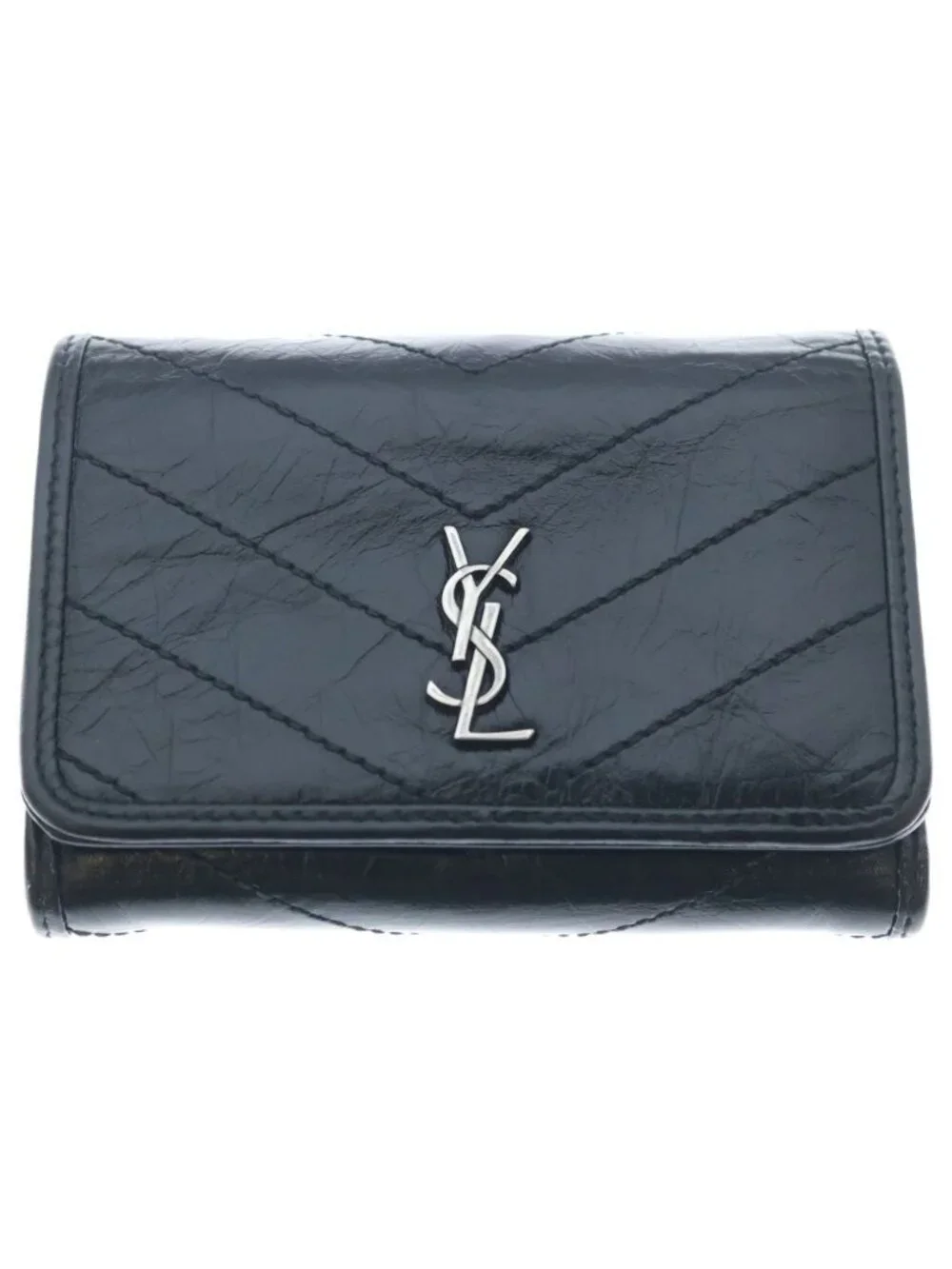 Saint Laurent Paris Cassandra Trifold Wallet Compact Coin Purse Black Leather